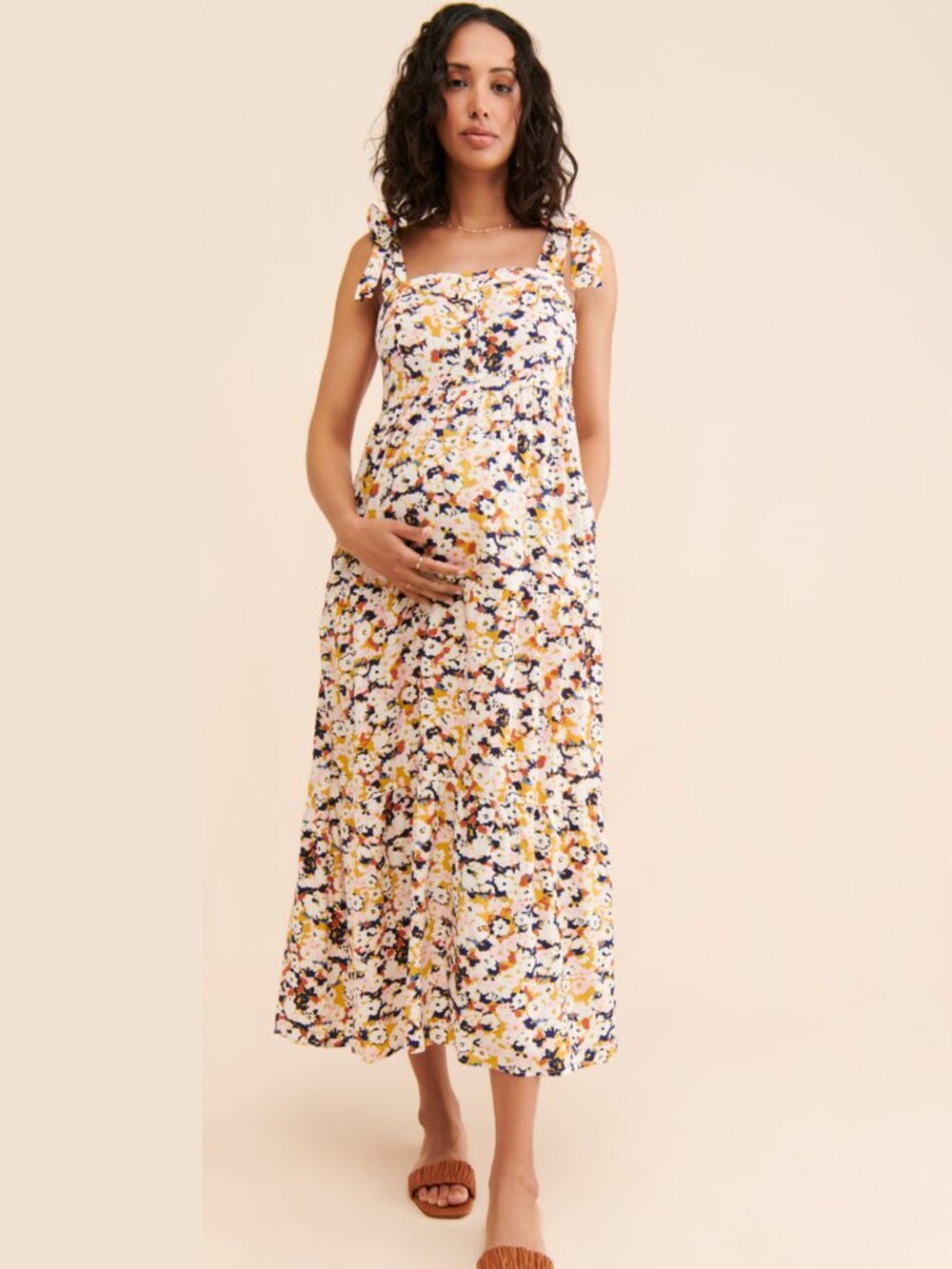 NOM Maternity Ana Floral Nursing Maxi Dress Tie Strap Rayon Size Medium $128